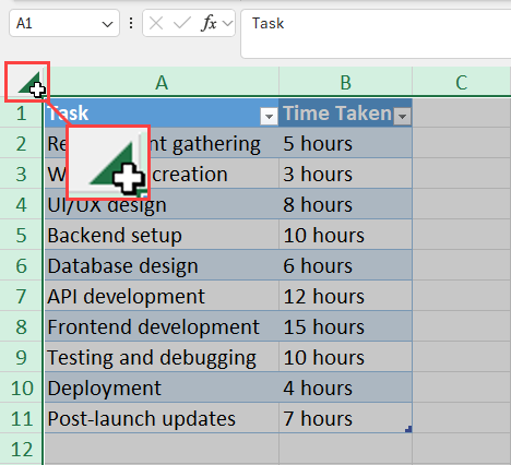 The Select All button in an Excel worksheet
