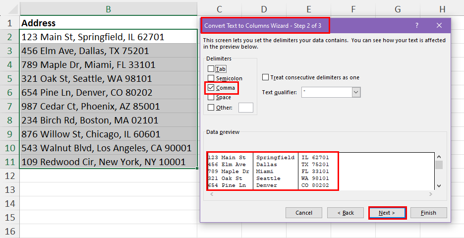Convert Text to Columns Wizard - Step 2 of 3