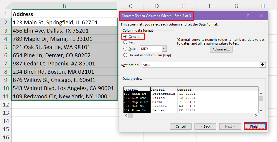 Convert Text to Columns Wizard - Step 3 of 3