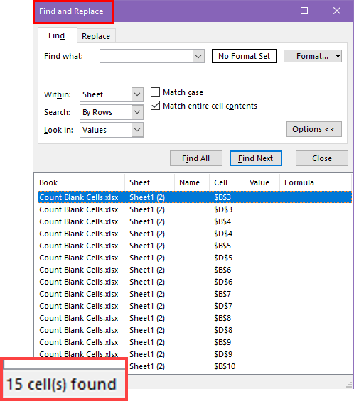 Count blank cells using Find and Replace