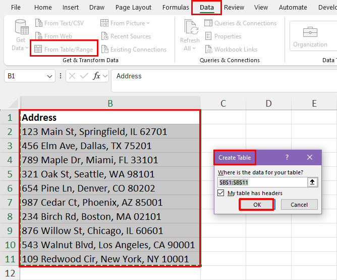 Create Table dialog