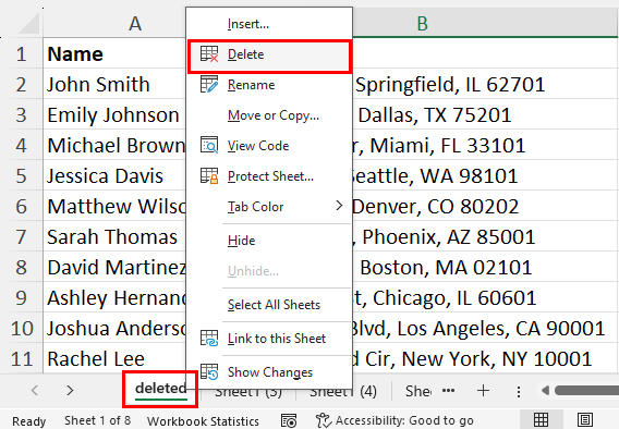 Deleted a worksheet OneDrive