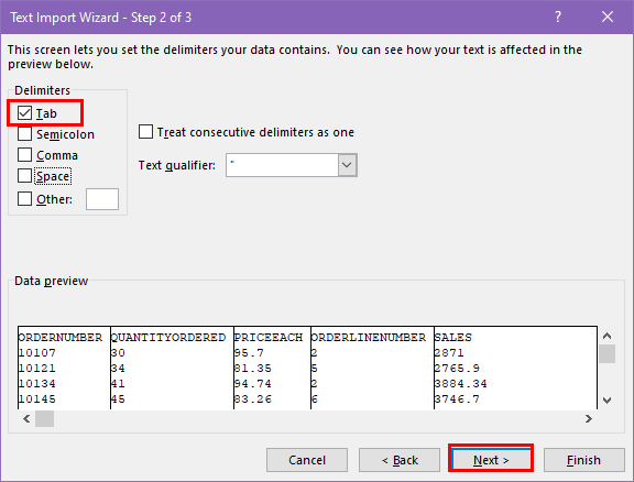 Delimiters Tab checkbox