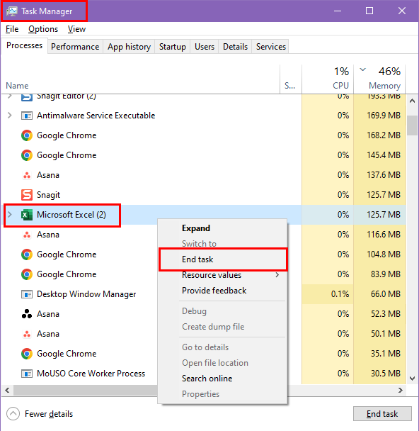 End task in Task Manager