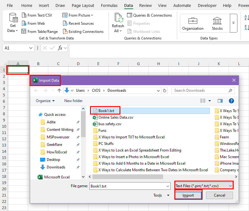 Import Data dialog box