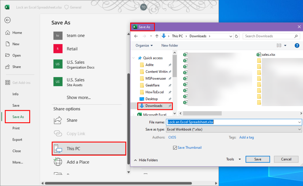 Save As dialog for protected view