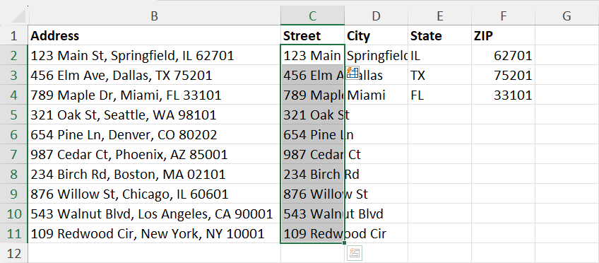 Seperated street addresses using Flash Fill