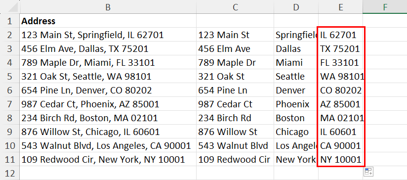 Split state name and ZIP code