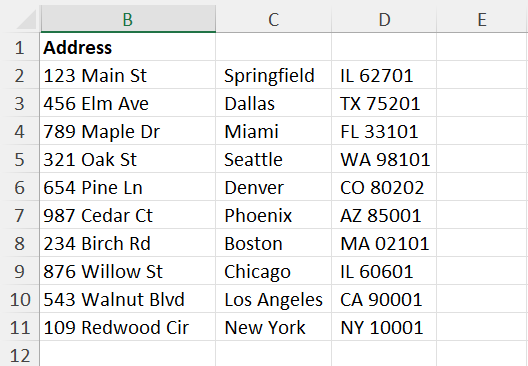 Splitting address in Excel using Text to Columns