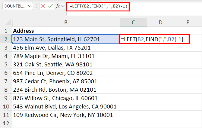 Using the LEFT function to split address