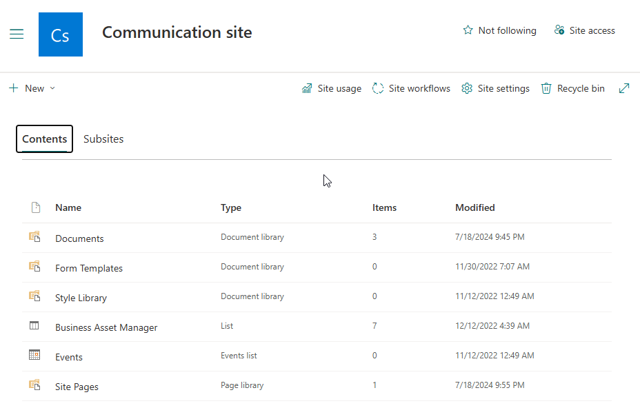 site contents page