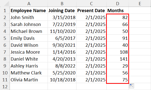 Calculate months between dates using DATEDIF