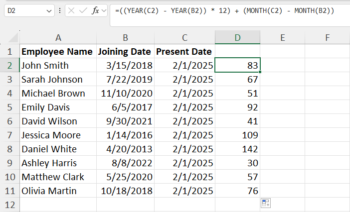 Calculated month from dates in Excel