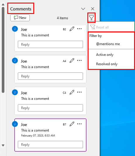 Comments filter menu