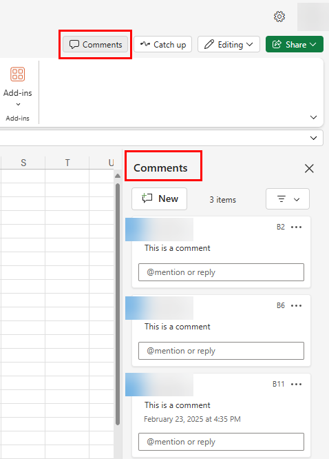 Comments navigation in Excel for the web