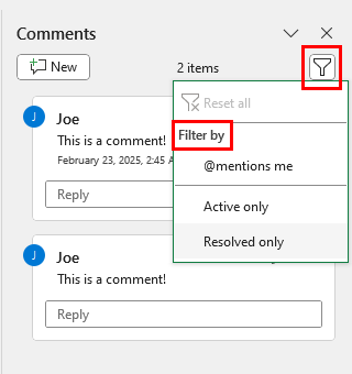 Comments navigation panel Filters