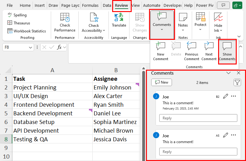 Comments navigation panel