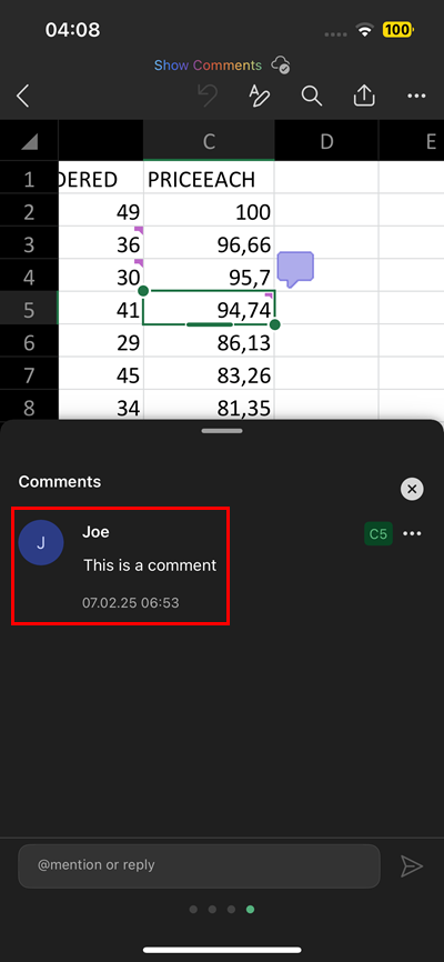 Comments panel