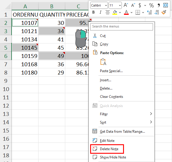 Delete Note context menu