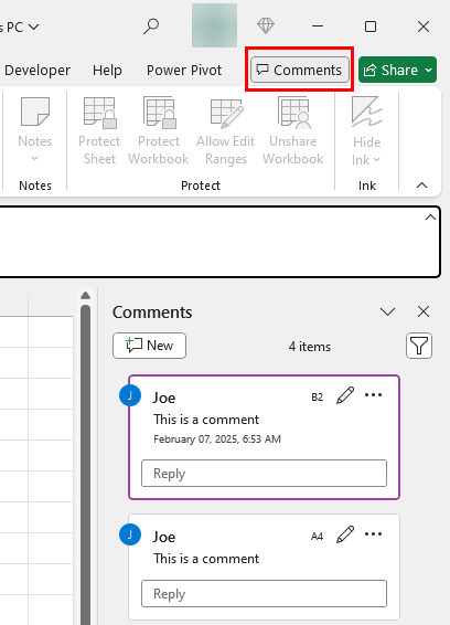 Excel desktop app Comments button