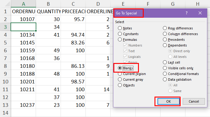 Go To Special dialog box