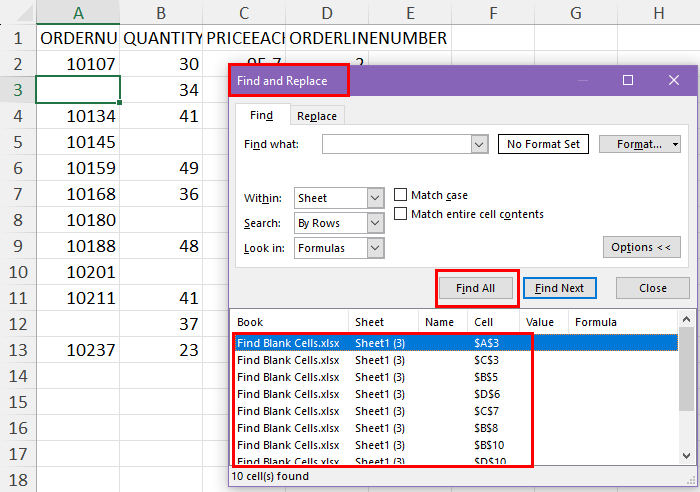 List of blank cells