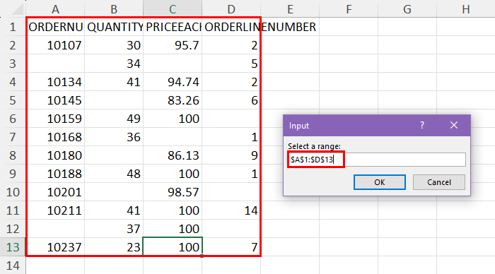 Select cell range using mouse
