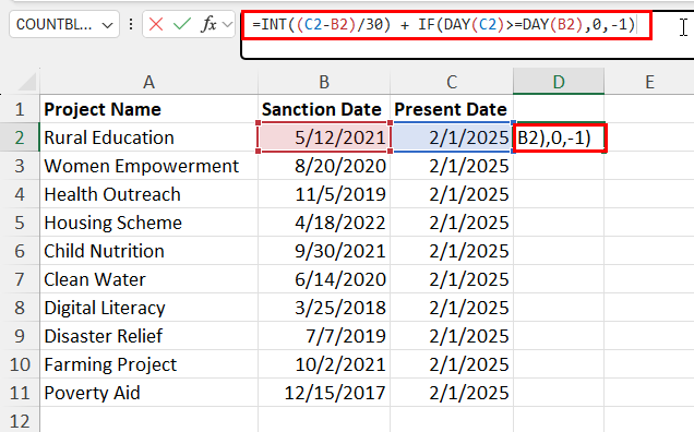 Using an INT and DAY formula