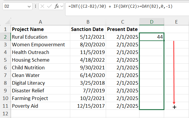 Using fill handle for INT and DAY