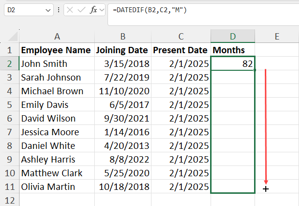 Using fill handle in DATEDIF
