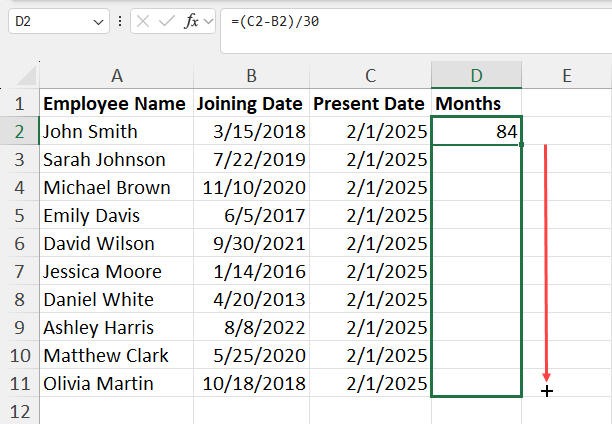 Using fill handle in a subtraction formula