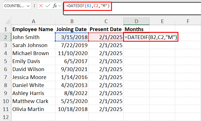 Using the DATEDIF function