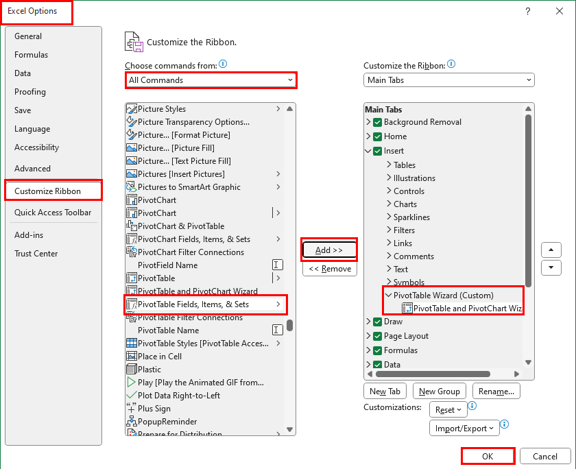 Added PivotTable and PivotChart Wizard