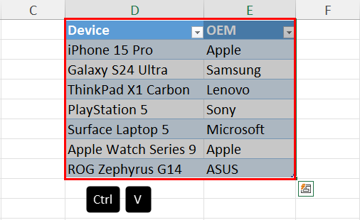 Copy and paste to move table