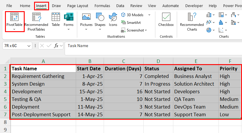 PivotTable command