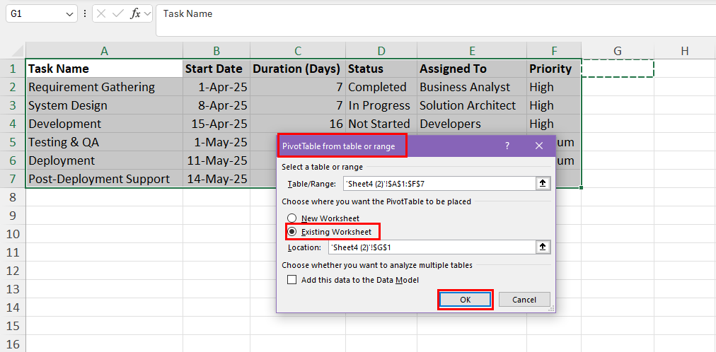 PivotTable from table or range