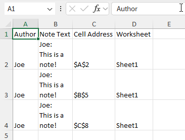 Notes in a table format