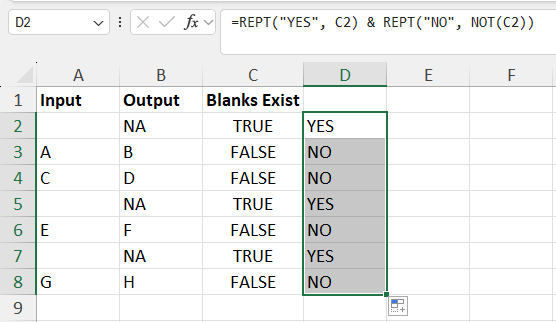 Converted TRUE FALSE to YES NO using REPT