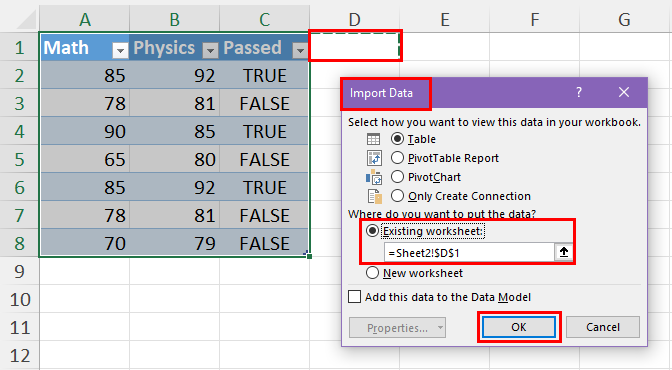 Existing worksheet