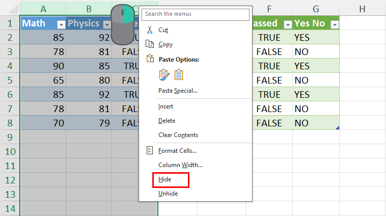 Hide columns