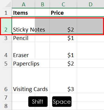 Select a row using Shift and Space