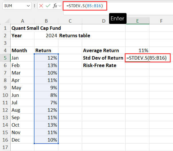 Calculate Std Dev for the returns