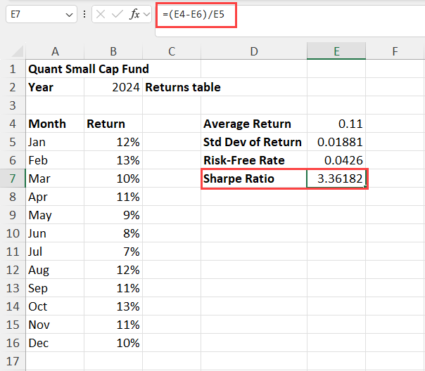 Calculating Sharpe Ratio in Excel using the manual method