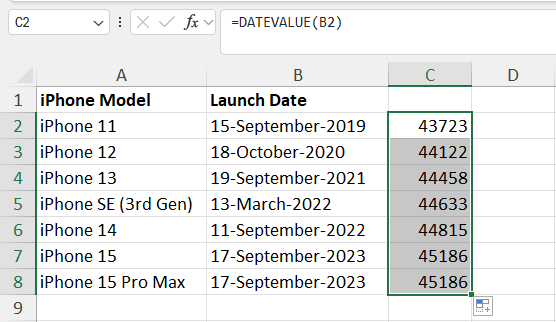 Converted dates to numbers using DATEVALUE