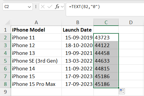 Converted dates to numbers using TEXT