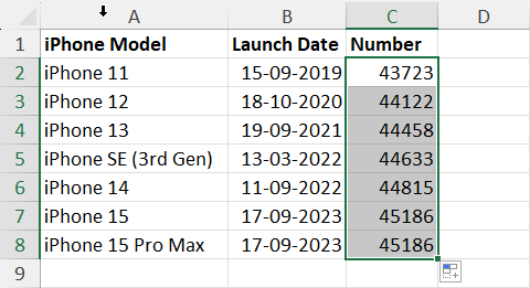 Converted dates to numbers using VALUE