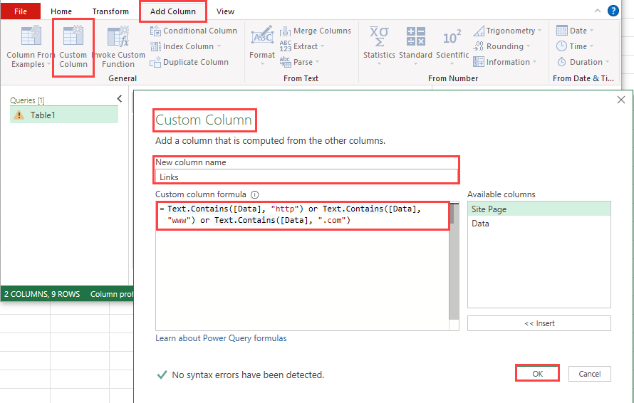 Custom Column wizard