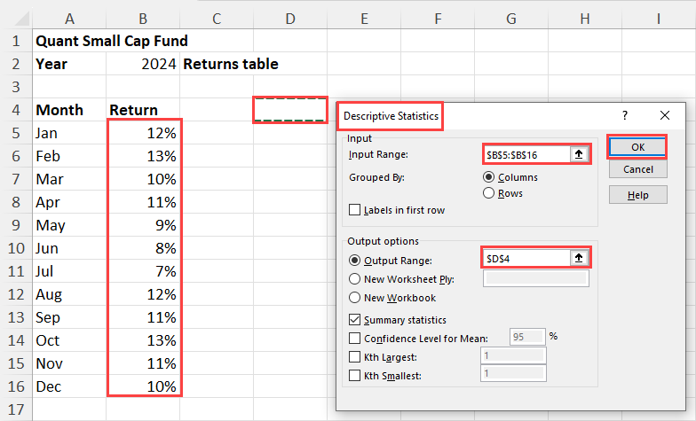 Descriptive Statistics dialog box