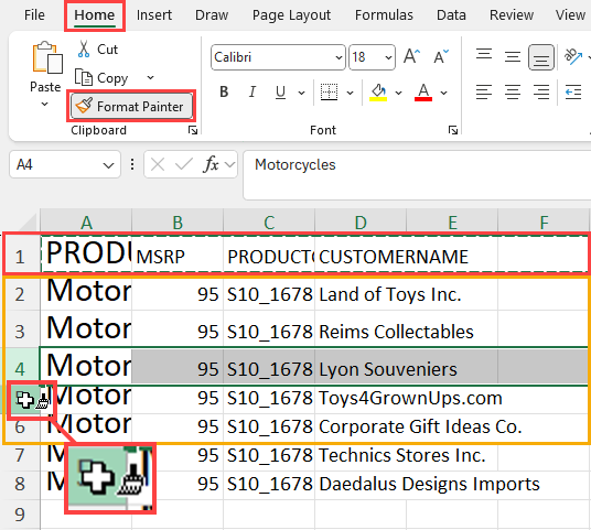 Double-clicking Format Painter