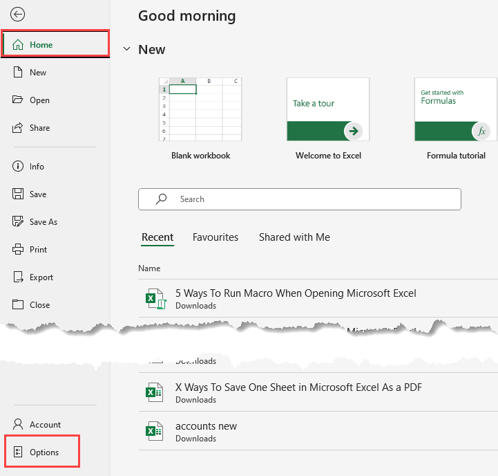 Open Excel Options